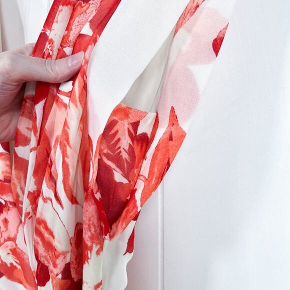 Eliza J Floral Chiffon High Low Dress Surplice Neck Tie Waist Size 10 Red White - Picture 6 of 16